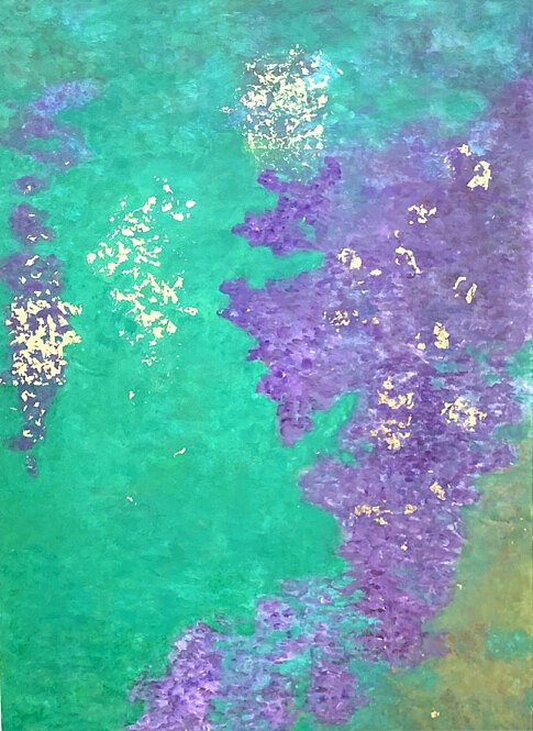 Parfum Intense - Cristina Atti - Acrylique sur toile 92 x 65 cm Paris 2022 Oeuvre abstraite mêlant, en teintes dominantes, des verts intenses et du violet