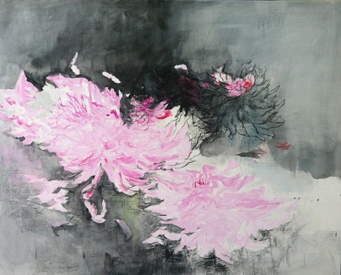 Bouquet de dahlias 
2016 - peinture à l'eau, encre de Chine, fusain et plâtre - 73 x 92 cm