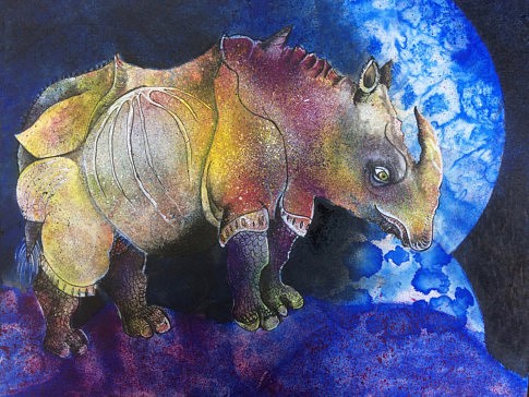 2018, le rhinocéros de Durer ,un des nombreux , encres acryliques sur filtre a café, marouflé sur toile , 30/40