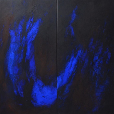 Peurs bleues 11 et 12. Pigments sur papier marouflé sur toile, 100 x 100 cm. 2018.