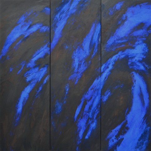 Peurs bleues 14 à 16. Pigments sur papier marouflé sur toile, 150 x 150 cm.