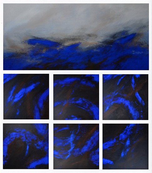 Terre échappée XXX et Peurs bleues 22 à 27. Installation de sept peintures. Pigments et acrylique sur papier marouflé sur toile. 130 x 150 cm.